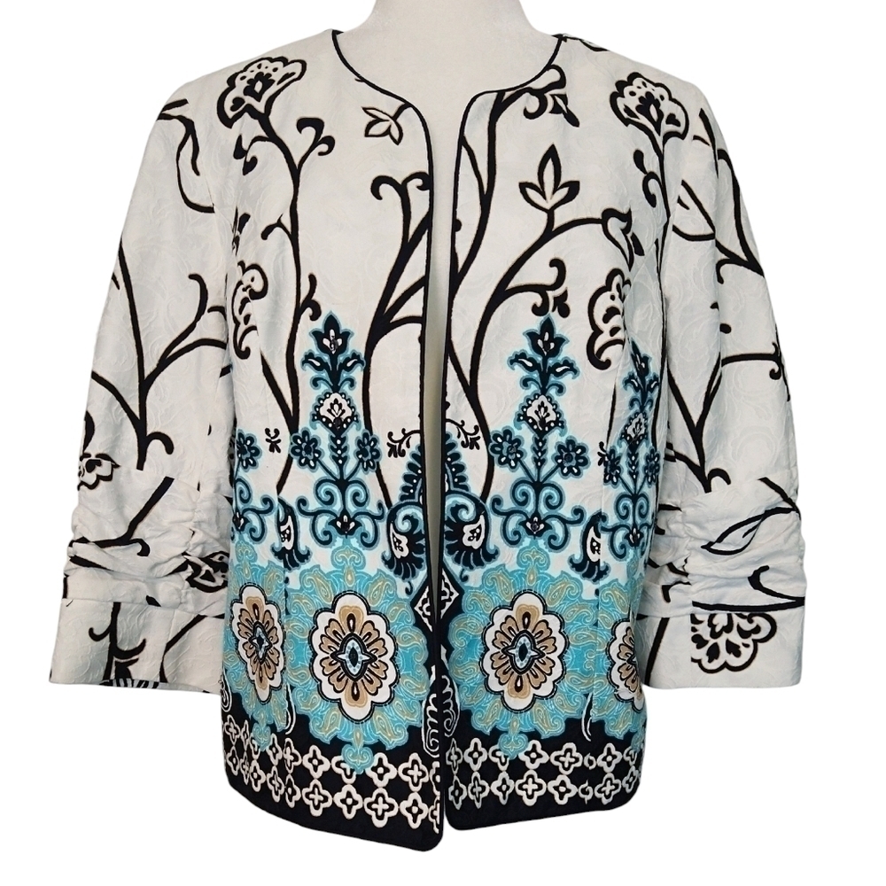Coldwater Creek White Abstract Boho Open Front Jacket 3/4 Ruched Sleeves Sequins